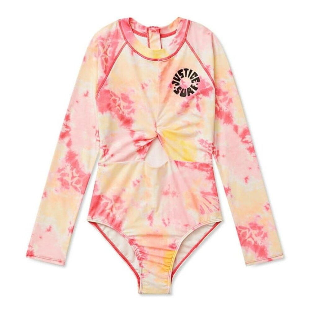 NWT Justice Girls 1-Piece Long Sleeve Rashguard Swimsuit UPF 50+ Pink 10